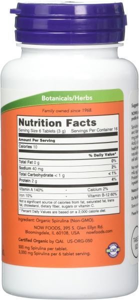 Sistemul Digestiv & Imunitar - Now Foods Spirulina Organic 500mg 100 Tablete, advancednutrition.ro