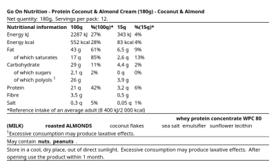 Gustari proteice & Sosuri - Protein Coconut & Almond Cream (180g) GO ON Nutrition Coconut & Almond, advancednutrition.ro