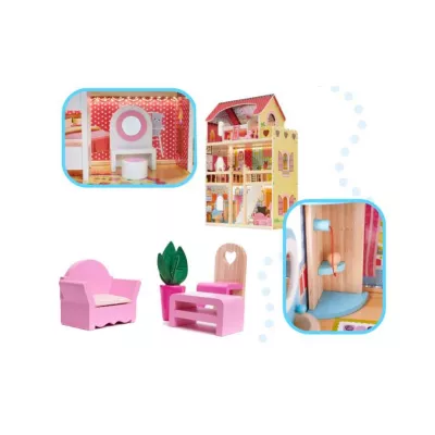 Casa de papusi din lemn cu mobila roz cu LED, 59 x 30 x 90