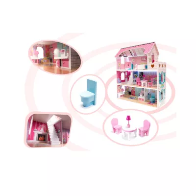 Casa de papusi din lemn MDF + mobila 70cm LED roz