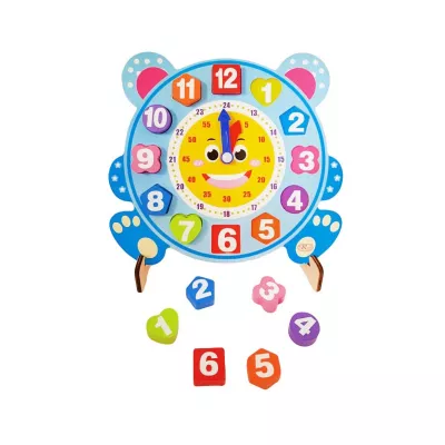 Ceas din lemn pentru copii, Puzzle Bear Clock cu forme geometrice, WD 9558-A