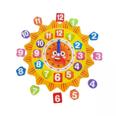 Ceas din lemn pentru copii, Puzzle Sunflower Clock cu forme geometrice, WD 9558-B