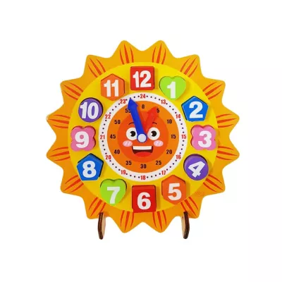 Jucarii interior - Ceas din lemn pentru copii, Puzzle Sunflower Clock cu forme geometrice, WD 9558-B, hectarul.ro