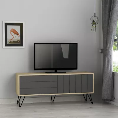 Mobilier interior - Comoda TV maro stejar / gri antracit din PAL melaminat 139 cm Picadilly Decortie, hectarul.ro
