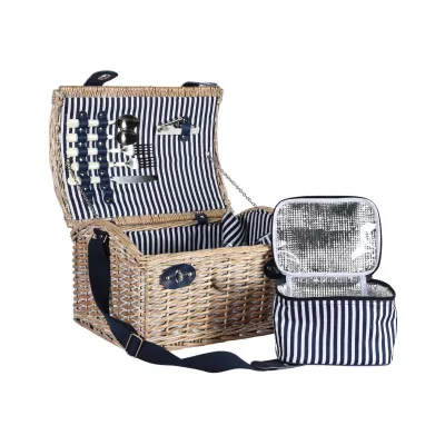 Cos de picnic pentru 2 persoane din rachita naturala bej , cu tacamuri, vesela si geanta frigorifica ZQ23-1185