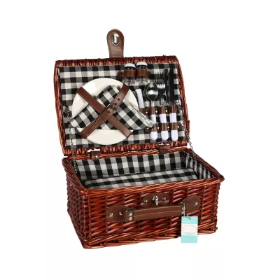 Cos de picnic pentru 2 persoane din rachita naturala maro inchis , cu vesela, tacamuri si patura inclusa ZQ23-1153