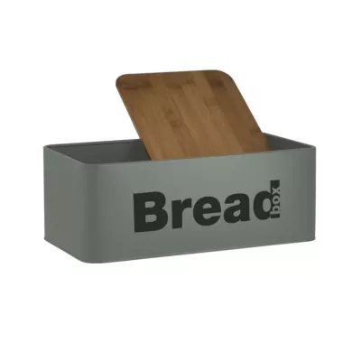 Bucatarie - Cutie pentru paine Inart din metal, cu capac de lemn de bambus, verde menta, hectarul.ro