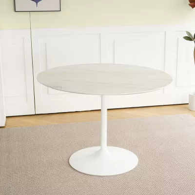 Masa de dining rotunda cu picior metalic si blat din MDF de culoare alba, aspect marmura, 110 cm diametru, 75 cm inaltime