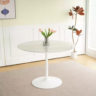 Masa de dining rotunda cu picior metalic si blat din MDF de culoare alba, aspect marmura, 110 cm diametru, 75 cm inaltime