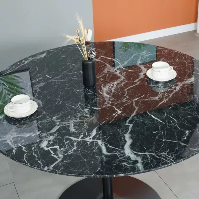 Mobilier interior - Masa de dining rotunda cu picior metalic si blat din MDF de culoare antracit, aspect marmura, 110 cm diametru, 75 cm inaltime, hectarul.ro