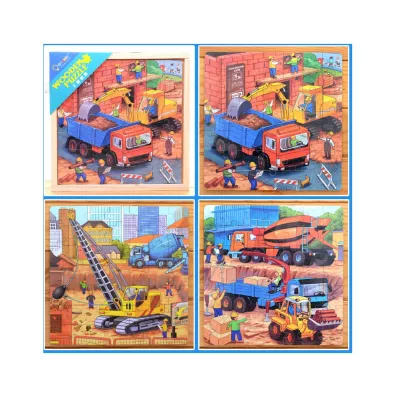 Puzzle 3 in 1 din lemn in cutie cu tematica – Vehicule constructii, WD 9002E
