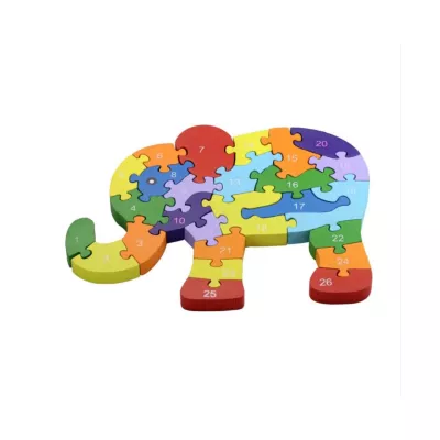 Puzzle 3D din lemn, elefant, 26 piese, cu litere si cifre, WD 4506-N