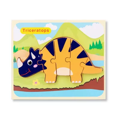 Puzzle din lemn 3D dinozaur Triceratops cu 5 piese, 18x 15 cm, WD 9513-D