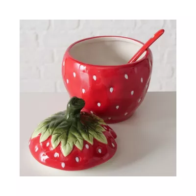 Bucatarie - Recipient cu lingurita, din ceramica, 14 cm Strawberry Boltze, hectarul.ro