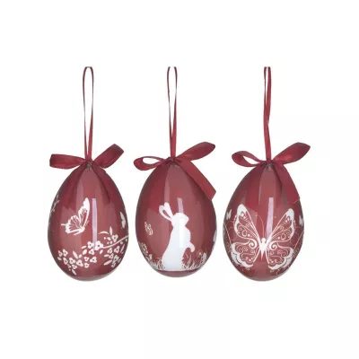 Decoratiuni de interior - Set 6 oua rosii decorative de Paste,3 modele, cu agatatoare, 7 cm diametru, 10 cm lungime, hectarul.ro