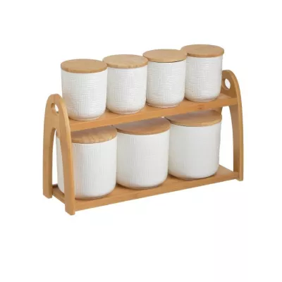 Bucatarie - Set 7 recipiente depozitare din portelan alb si suport din lemn de bambus 33x10x22 cm, hectarul.ro