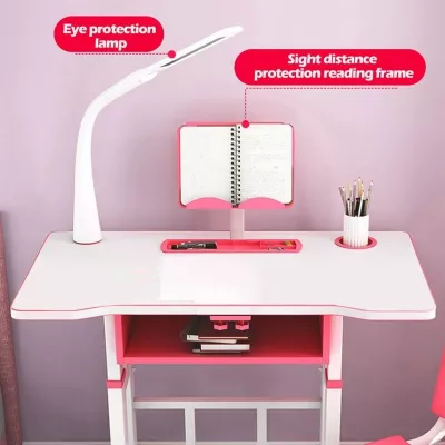 Set birou 70x49x70 cm si scaunel 37x31x70 cm, pentru copii, cu lampa LED, inaltime reglabila, Hectarul KT0044 (roz)