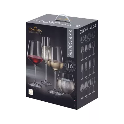 Set de 16 pahare pentru vin rosu, vin alb, sampanie si apa, transparent, din cristal de Bohemia, 500/490/210/600 ml, Globo