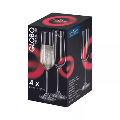 Set de 4 pahare pentru sampanie, transparent, din cristal de Bohemia, 210 ml, Globo