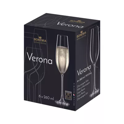 Bucatarie - Set de 6 pahare pentru sampanie, transparent, din cristal de Bohemia, 260 ml, Verona Flute, hectarul.ro