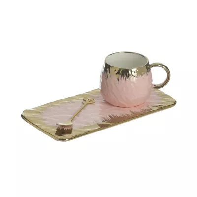 Bucatarie - Set de cafea roz pal din portelan ceasca cu farfurioara + lingurita Inart, hectarul.ro