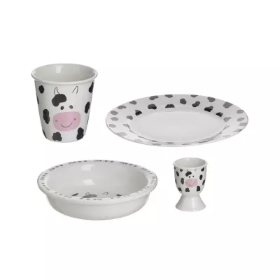 Set de masa pentru copii 4 piese roz / alb / negru din portelan Cow Inart