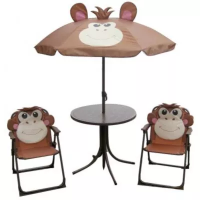 Set mobilier de gradina pentru copii Maimuta - umbrela 105 cm, masa 50 cm, 2 scaune