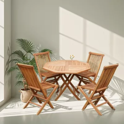 Mobilier terasa - Set terasa/gradina Octogonal compus din masa si 4 scaune pliabile din lemn masiv de tec de culoare maro natur, hectarul.ro