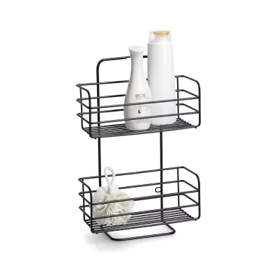 Baie - Suport de accesorii pentru baie/bucatarie cu ventuze, negru, din metal, 25 cm, Bathroom Rack Zeller, hectarul.ro