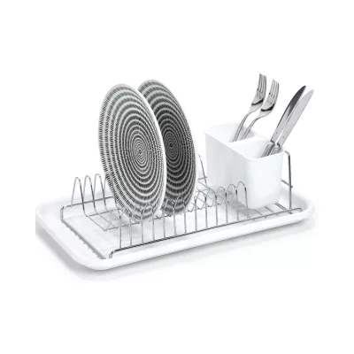 Suport de vase, cu tava si suport de tacamuri, din metal si plastic, 44 cm, Dish Drain Rack Zeller