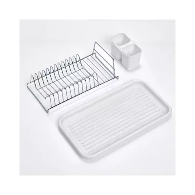 Suport de vase, cu tava si suport de tacamuri, din metal si plastic, 44 cm, Dish Drain Rack Zeller