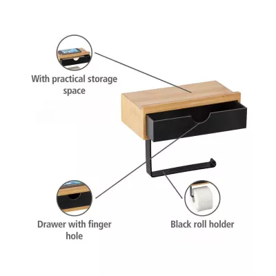 Suport pentru hartie igienica, cu sertar si spatiu pentru telefon, Bambusa Wenko