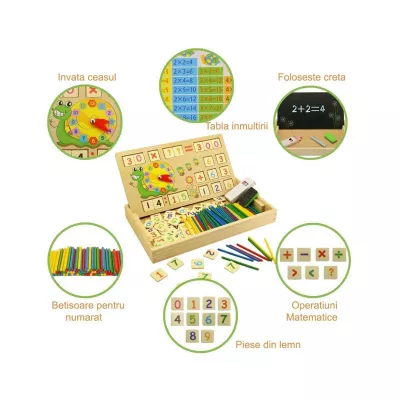 Jucarii interior - Tabla multifunctionala Montessori cu operatiuni matematice, ceas, betisoare si creta colorata, WD 4008, hectarul.ro