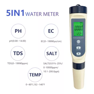 Termometre si pluviometre - Tester de apa 5 in 1, PH, TDS, Temperatura, EC si Salinitatea, ecran LCD, precizie ridicata, hectarul.ro