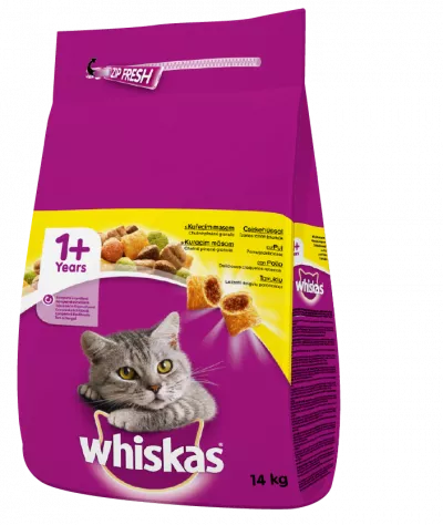 Hrana pentru pisica Whiskas uscat pui si ficat 14kg