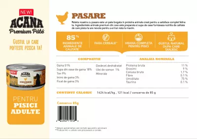 Hrană umedă pisici - ACANA Cat Conservă Pate Pui Premium 85 g, magazindeanimale.ro