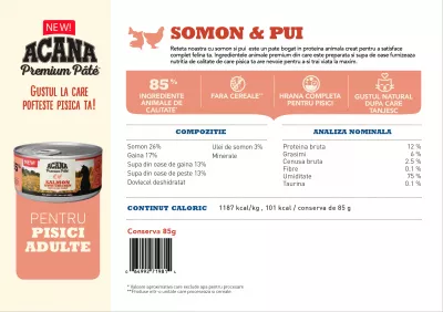 Hrană umedă pisici - Acana Cat Conservă Pate Somon și Pui Premium 85 g, magazindeanimale.ro