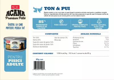Hrană umedă pisici - Acana Cat Conservă Pate Ton și Pui Premium 85 g, magazindeanimale.ro