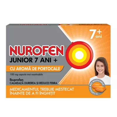 NUROFEN JUNIOR 7 ANI+ CU AROMA DE PORTOCALE 100 mg x 12 CAPS. MOI MASTICABILE 100mg RECKITT BENCKISER R