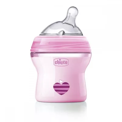 Biberon Chicco Natural Feeling, plastic, roz, 150ml, t.s. inclinata, 0luni+, flux normal, 0%BPA