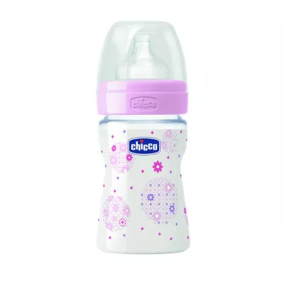 Biberon Chicco Well Being PP, roz, 150ml,T.s., flux normal, 0+, 0%BPA