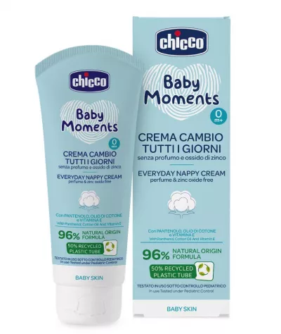 Crema protectie zilnica Chicco Baby Moments impotriva iritatiilor de la scutec, panthenol si vitamina E, 0luni+