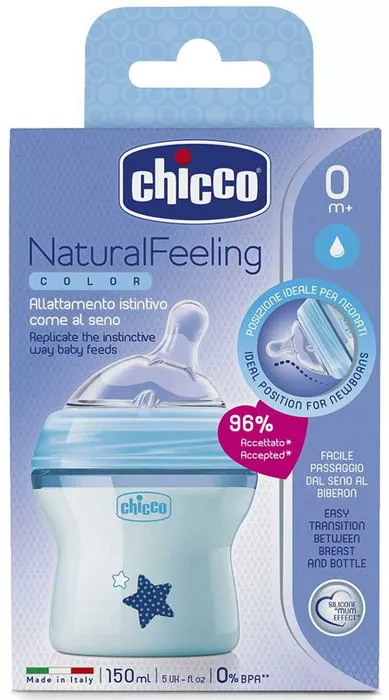 Biberon Chicco Natural Feeling, plastic, albastru, 150ml, t.s. inclinata, 0luni+, flux normal, 0%BPA