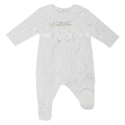 Salopeta bebelusi Chicco, cu botosei incorporati, inchidere spate, fetite, alb cu argintiu, 50