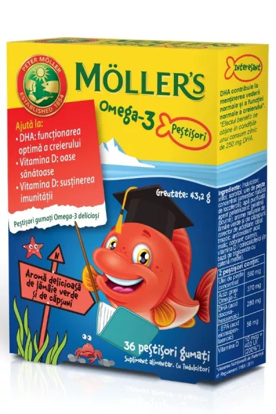 Moller`s omega 3 peștișori gumați cu aromă de lămâie și căpșuni * 36 jeleuri