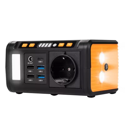 Statie incarcare mini Technaxx TX-205, 74Wh, 80W, USB-C, USB-A, QC3.0, 1 x 230V, lanterna, priza auto, incarcare DC/solara(optional), negru/portocaliu