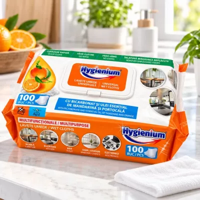 Servetele umede - HYGIENIUM SERVETELE UMEDE UNIVERSALE CU BICARBONAT SI OTET PARFUM MANDARINA SI PORTOCALA 100 BUC, deterlife.ro