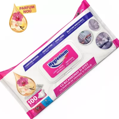 Servetele umede - HYGIENIUM SERVETELE UMEDE UNIVERSALE CU BICARBONAT SI OTET PARFUM ORHIDEE SI VANILIE 100 BUC, deterlife.ro