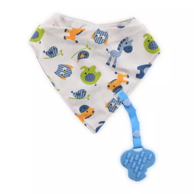 Baveta tip bandana, cu snur si jucarie dentitie, bumbac, Blue