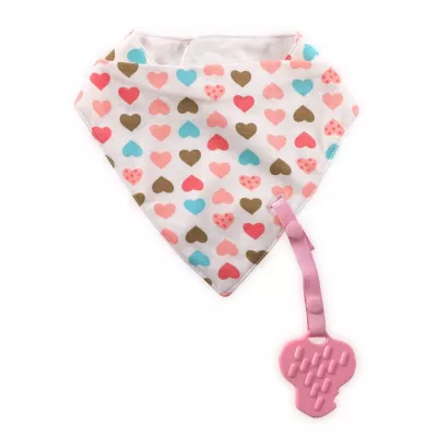 Baveta tip bandana, cu snur si jucarie dentitie, bumbac, Pink